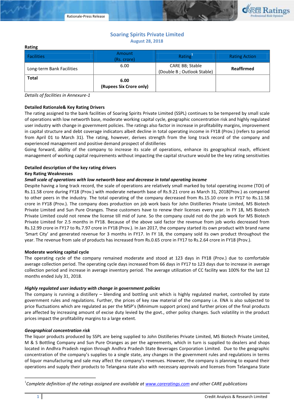 Soaring Spirits Private Limited August 28, 2018 Rating Amount Facilities Rating1 Rating Action (Rs