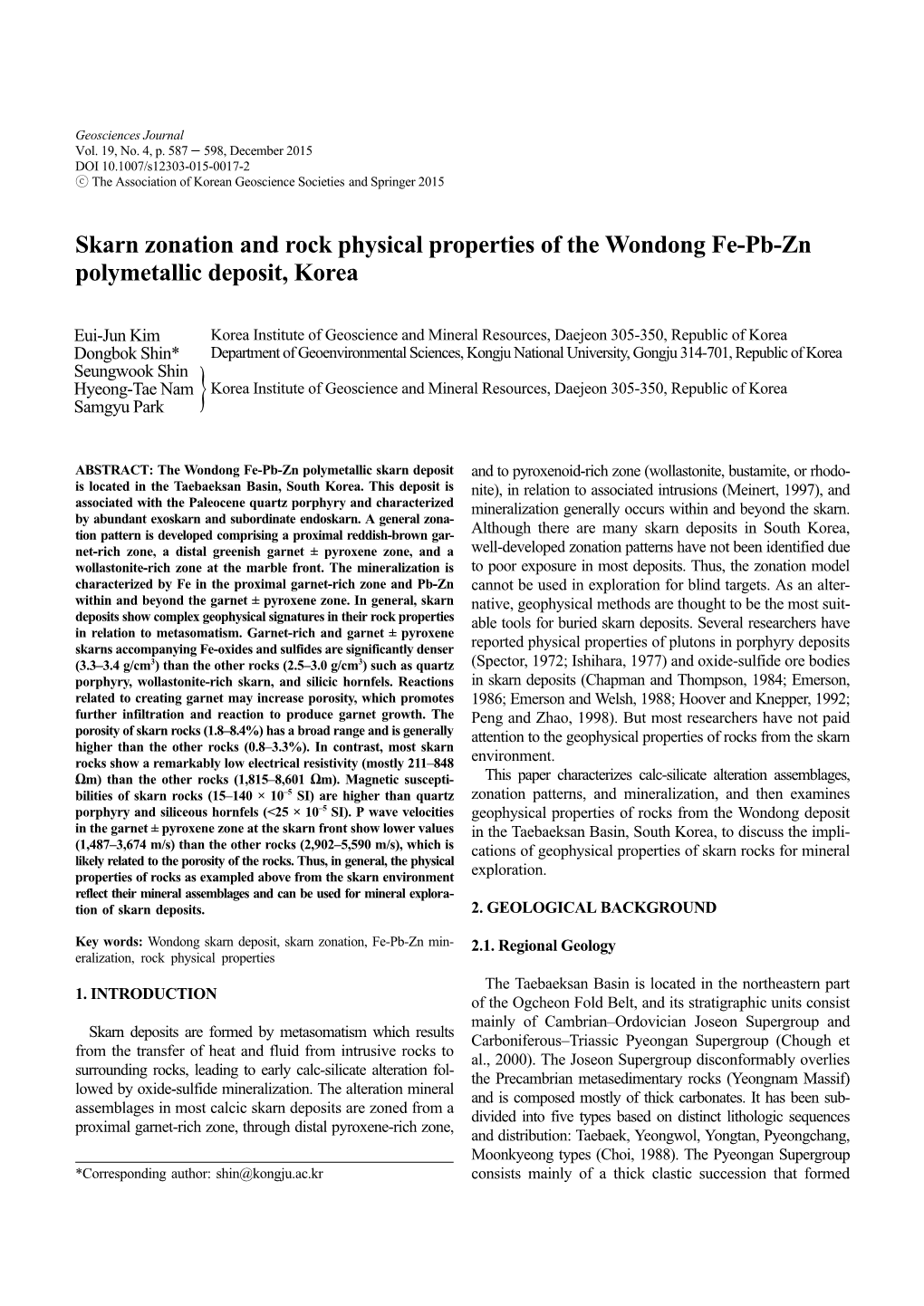 Skarn Zonation and Rock Physical Properties of the Wondong Fe-Pb-Zn Polymetallic Deposit, Korea