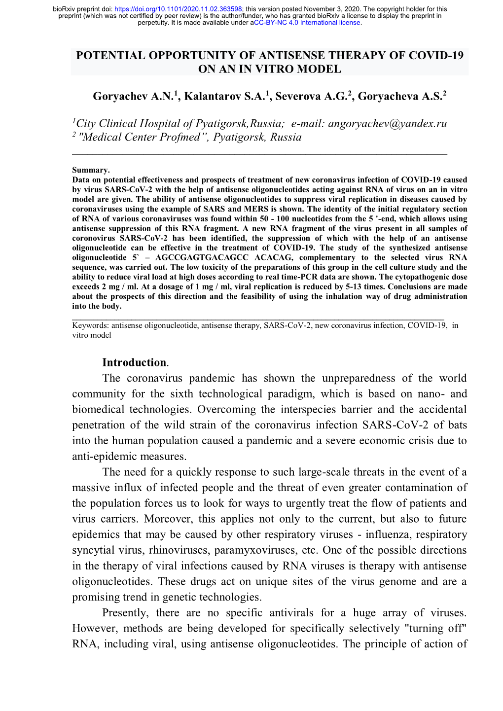 Potential Opportunity of Antisense Therapy of Covid-19 on an in Vitro Model