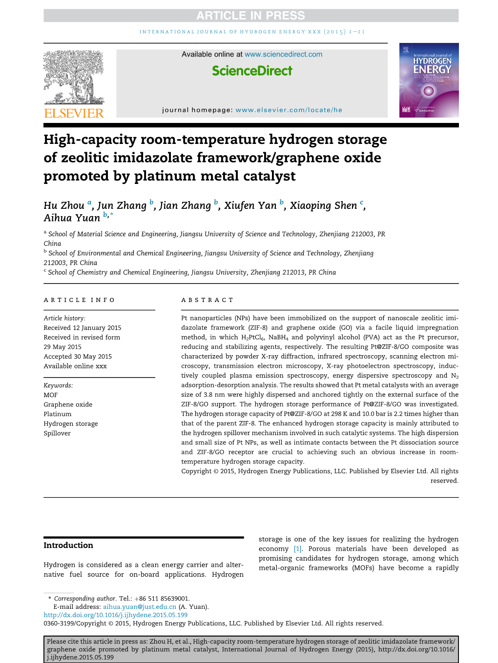 High-Capacity Room-Temperature Hydrogen Storage of Zeolitic Imidazolate Framework/Graphene Oxide Promoted by Platinum Metal Catalyst