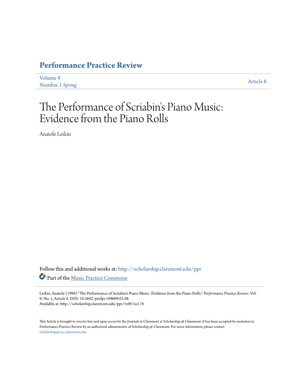 The Performance of Scriabin's Piano Music: Evidence from the Piano Rolls' Anatole Leikin