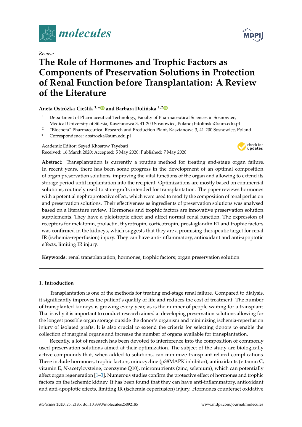 The Role of Hormones and Trophic Factors As Components of Preservation Solutions in Protection of Renal Function Before Transplantation: a Review of the Literature