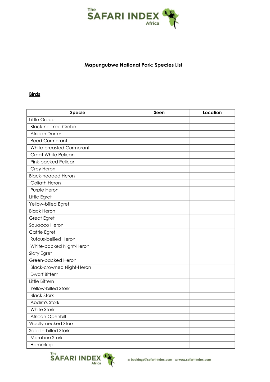 Mapungubwe National Park: Species List Birds