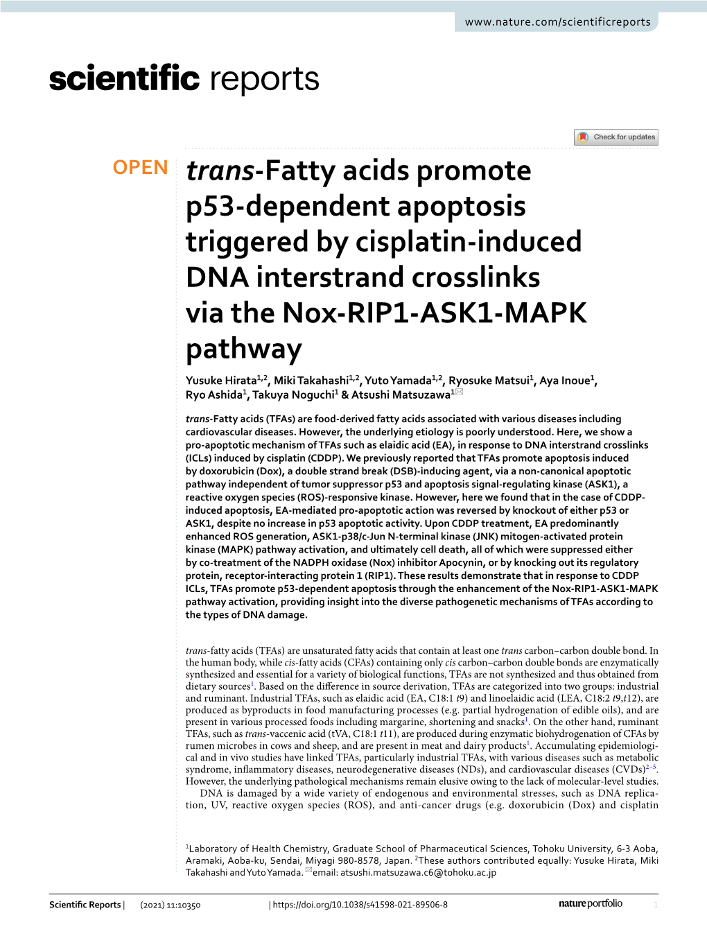 Trans-Fatty Acids Promote P53-Dependent Apoptosis Triggered by Cisplatin-Induced DNA Interstrand Crosslinks Via the Nox-RIP1-ASK