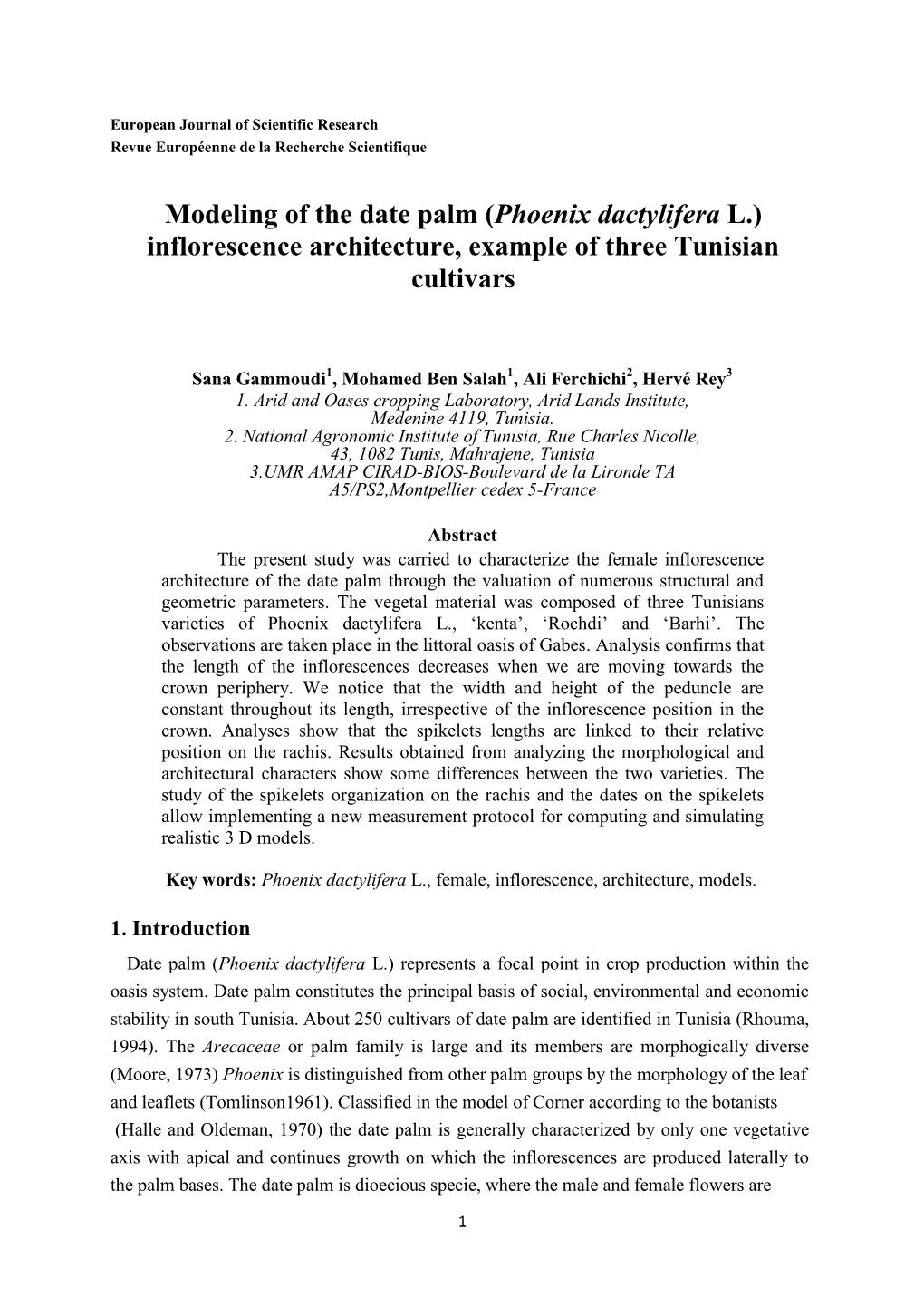 Modeling of the Date Palm (Phoenix Dactylifera L.) Inflorescence Architecture, Example of Three Tunisian Cultivars