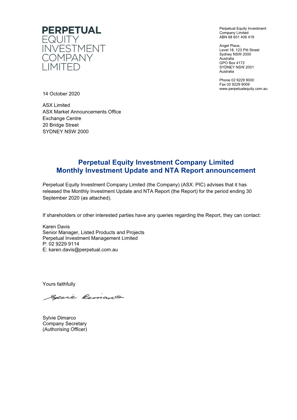 Perpetual Equity Investment Company Limited Monthly Investment Update and NTA Report Announcement