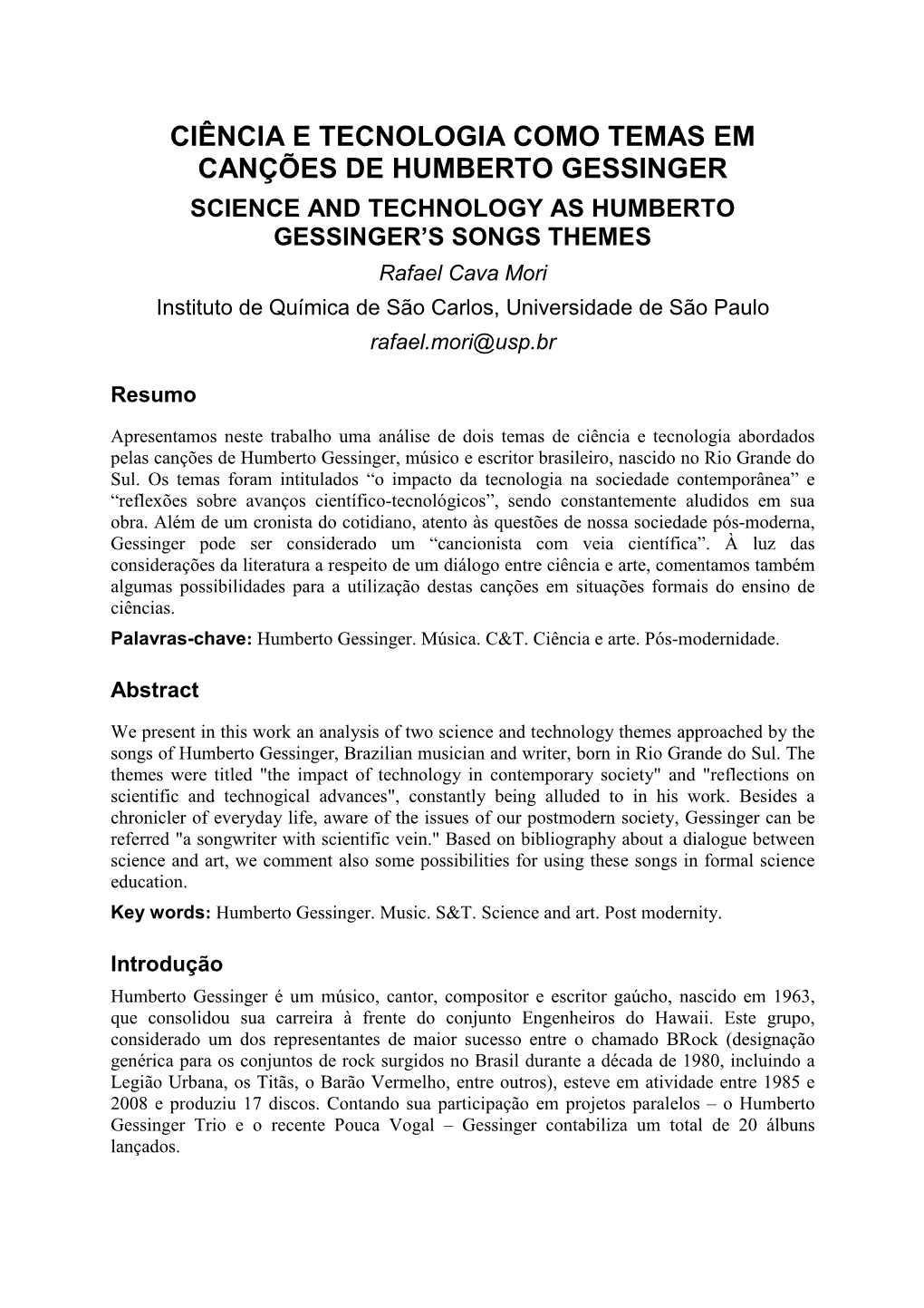 Ciência E Tecnologia Como Temas Em Canções De Humberto Gessinger