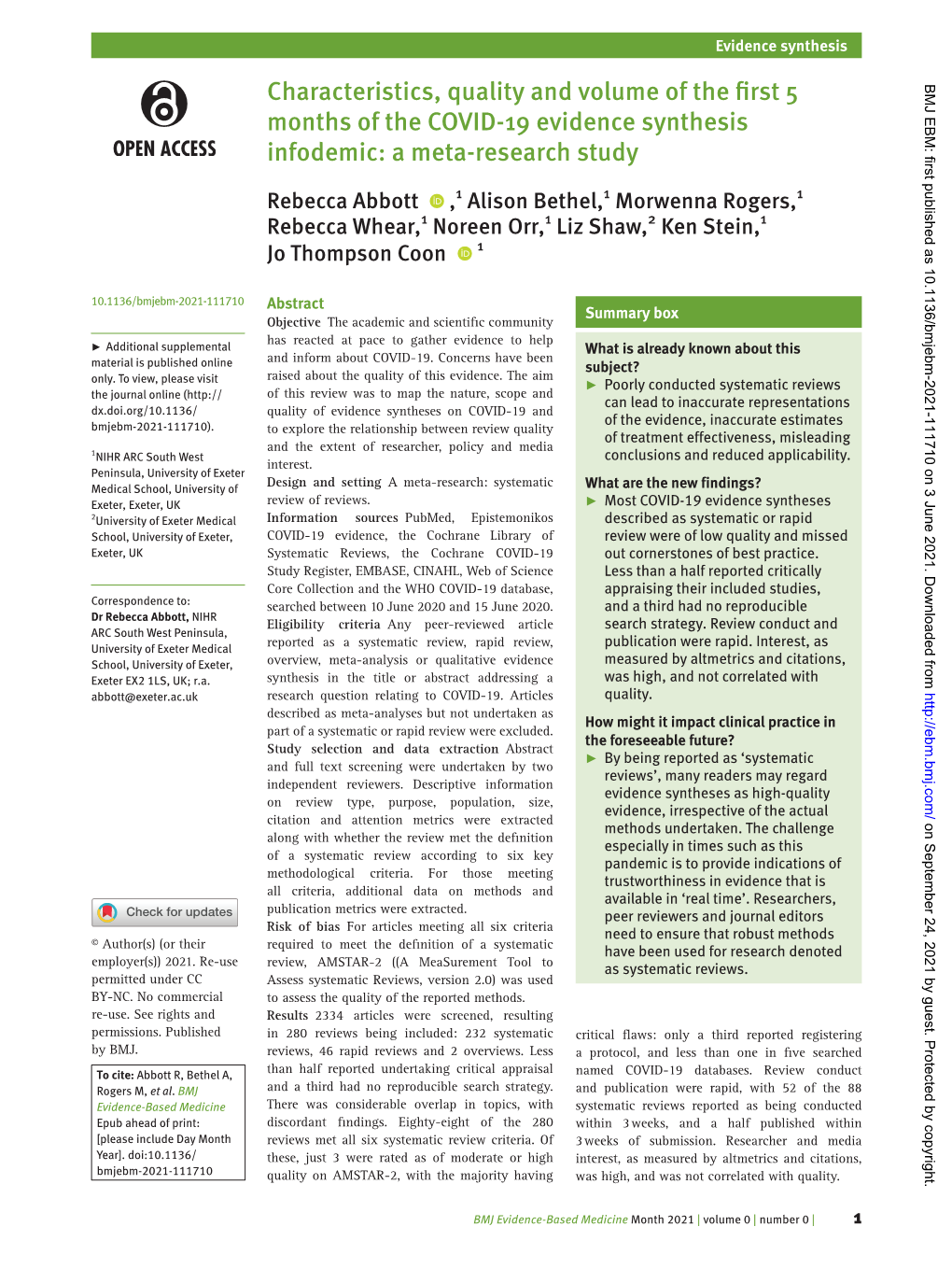 Characteristics, Quality and Volume of the First 5 BMJ EBM: First Published As 10.1136/Bmjebm-2021-111710 on 3 June 2021