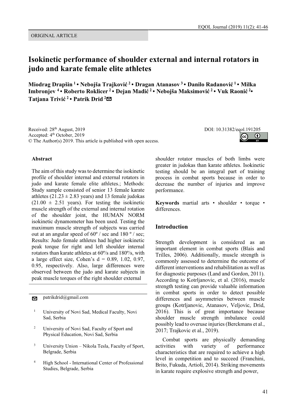 Isokinetic Performance of Shoulder External and Internal Rotators in Judo and Karate Female Elite Athletes