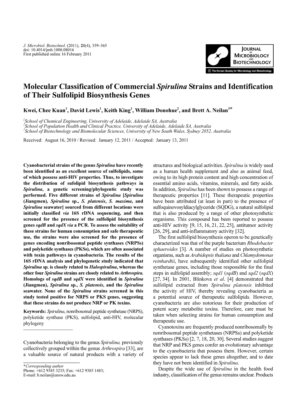 Molecular Classification of Commercial Spirulina Strains and Identification of Their Sulfolipid Biosynthesis Genes