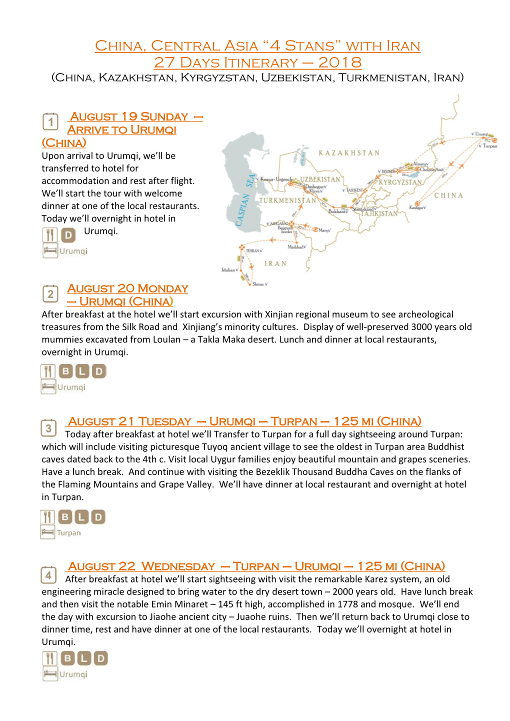 China, Central Asia “4 Stans” with Iran 27 Days Itinerary – 2018 (China, Kazakhstan, Kyrgyzstan, Uzbekistan, Turkmenistan, Iran)