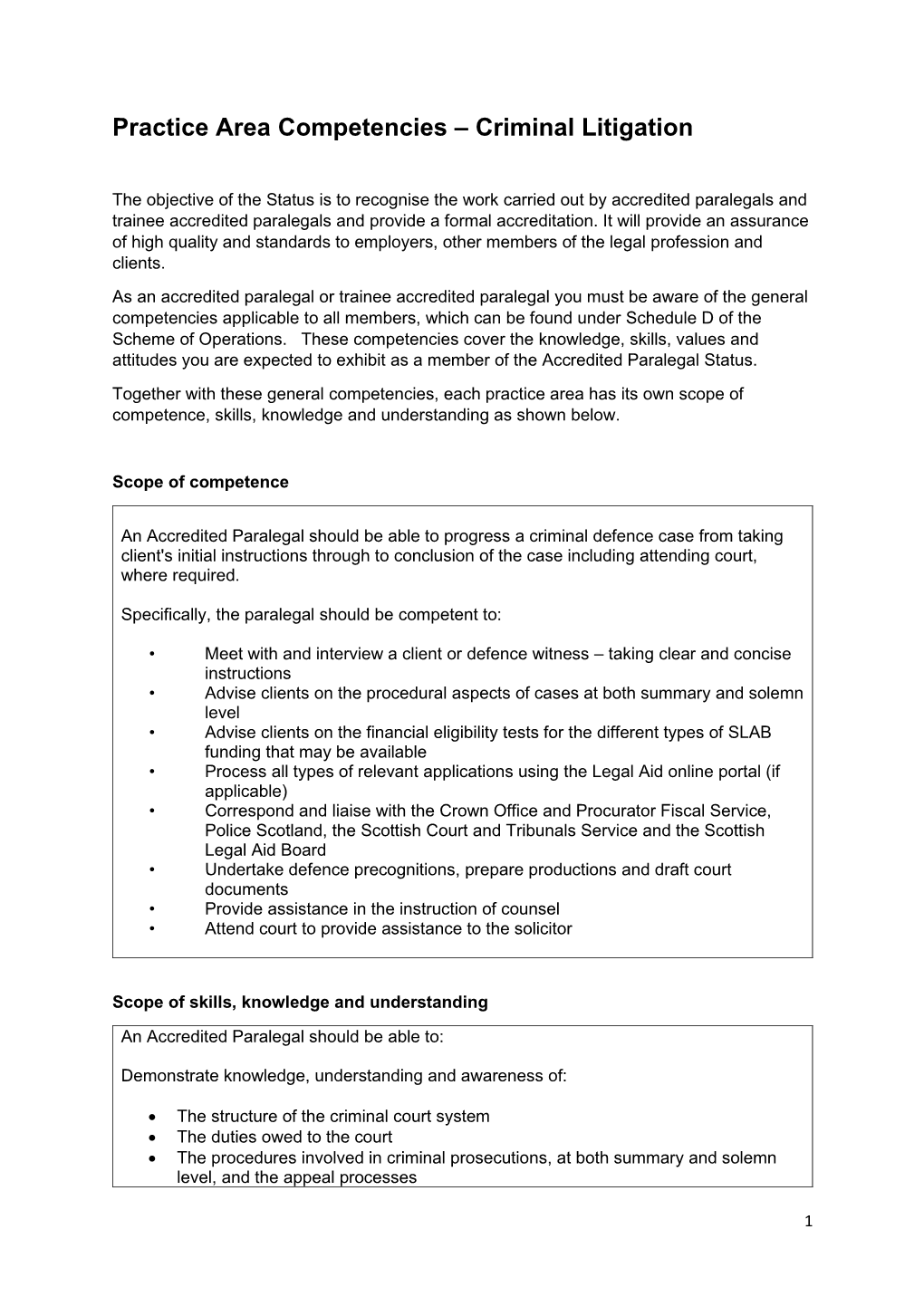 Practice Area Competencies – Criminal Litigation