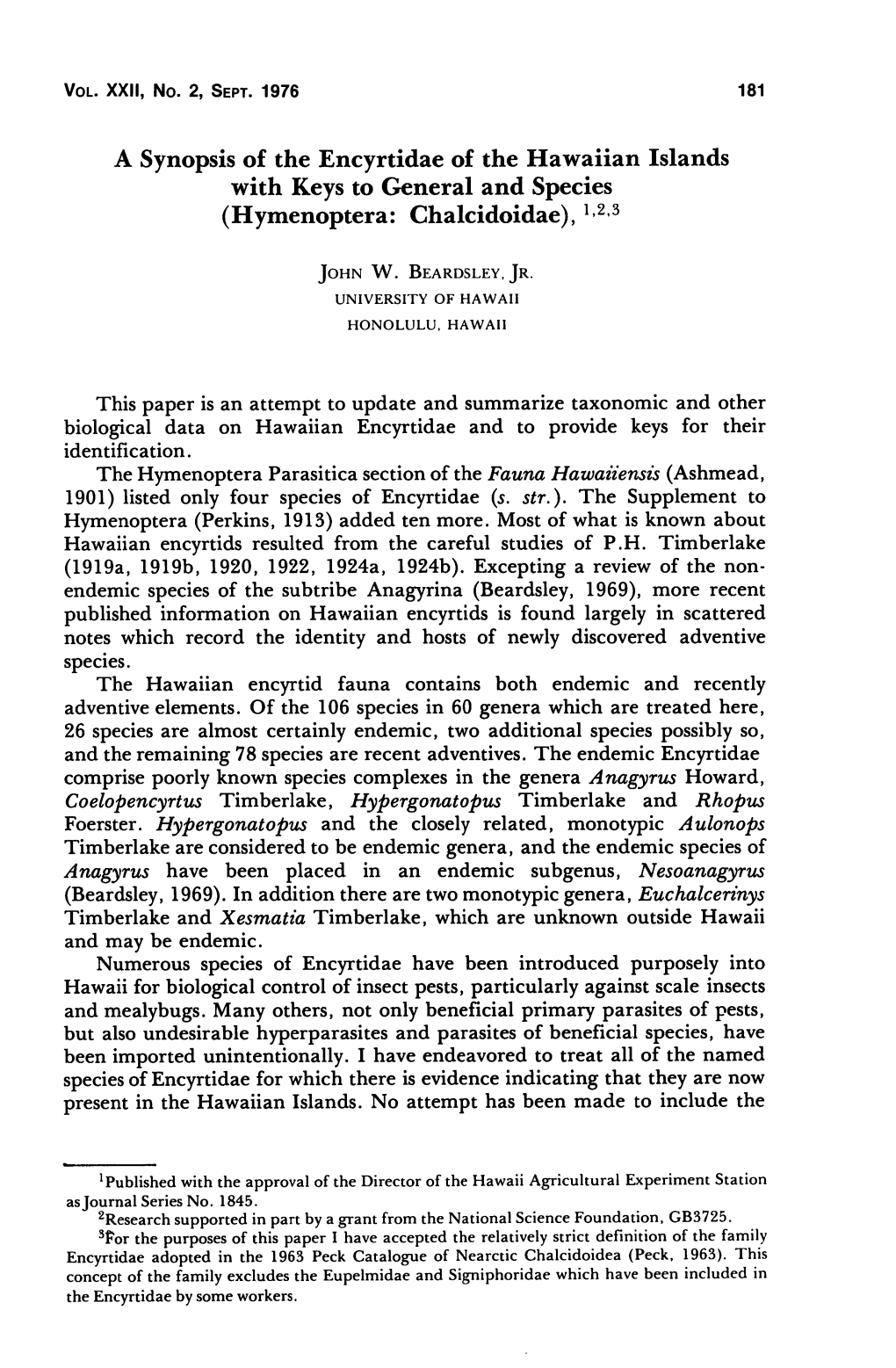 A Synopsis of the Encyrtidae of the Hawaiian Islands with Keys to General and Species (Hymenoptera: Chalcidoidae), ] 2 3