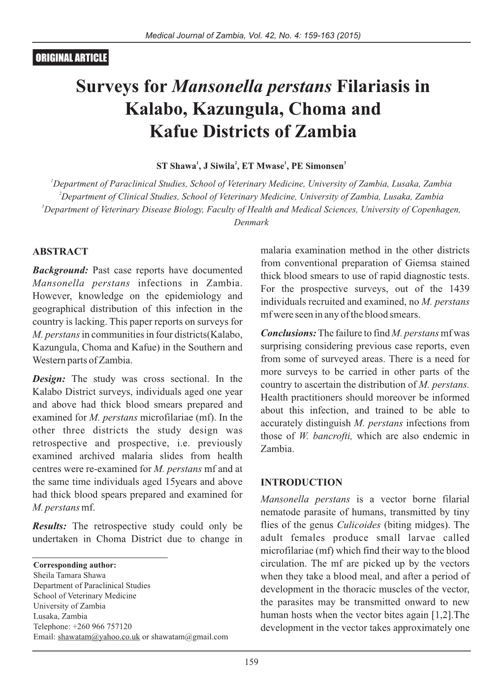 3. Surveys for Mansonella Perstansfilariasis in Kalabo