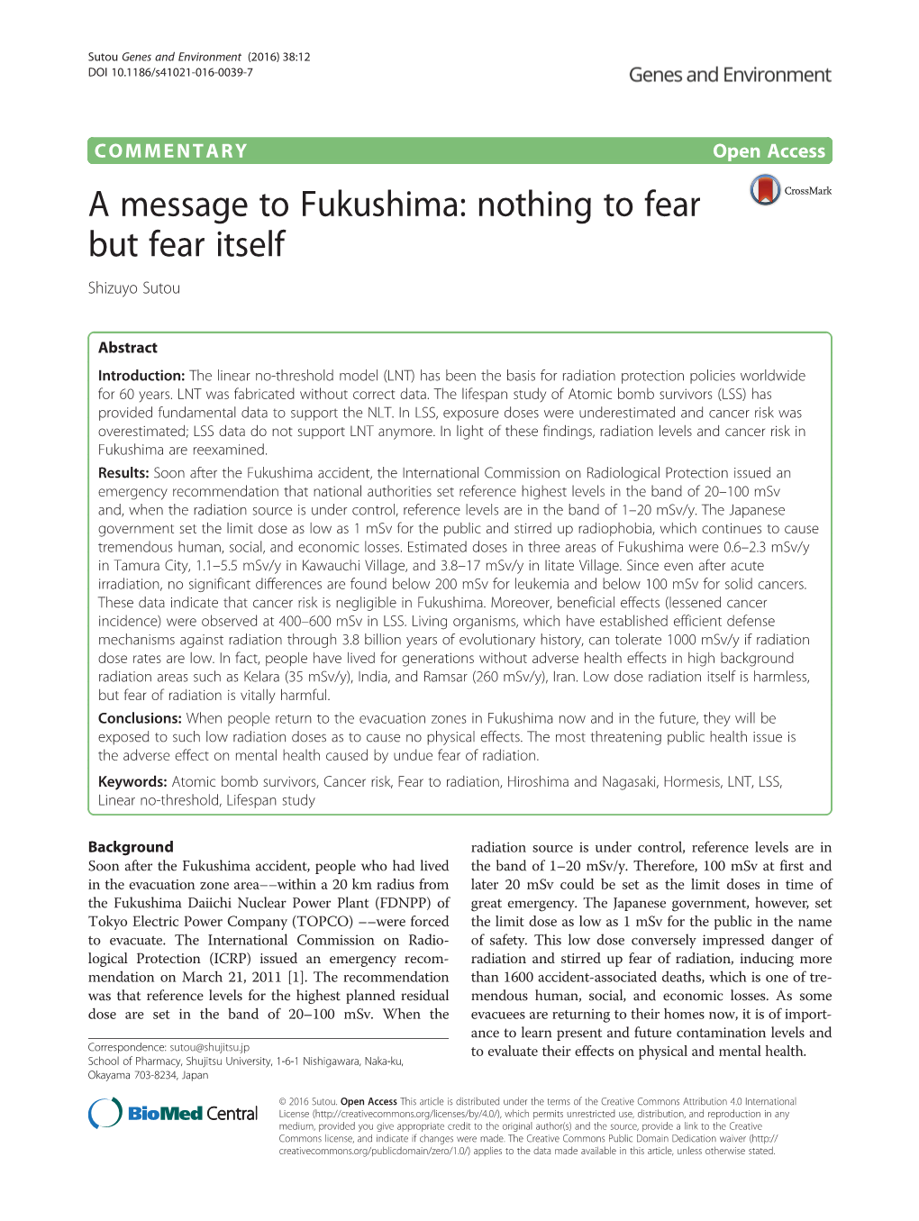 A Message to Fukushima: Nothing to Fear but Fear Itself Shizuyo Sutou