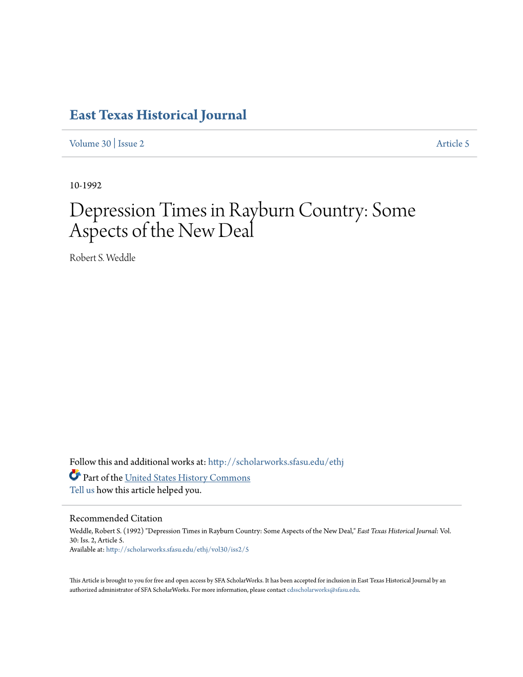 Depression Times in Rayburn Country: Some Aspects of the New Deal Robert S