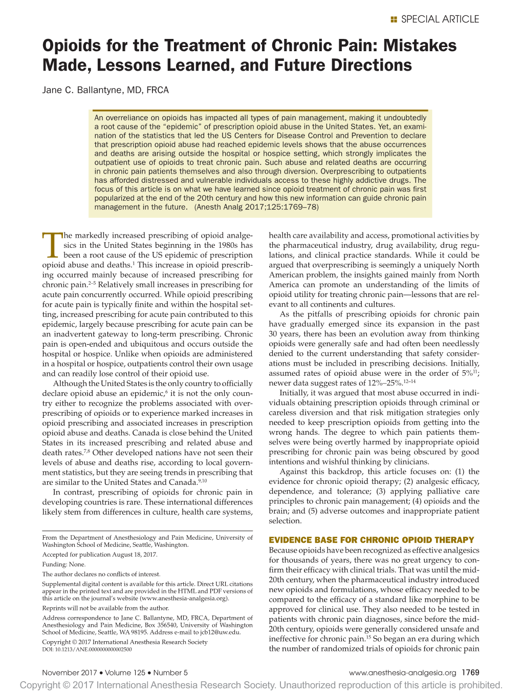 Opioids for the Treatment of Chronic Pain: Mistakes Made, Lessons Learned, and Future Directions