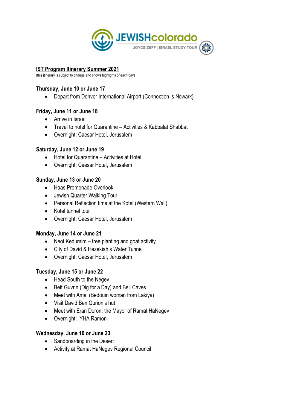 IST Program Itinerary Summer 2021 Thursday, June