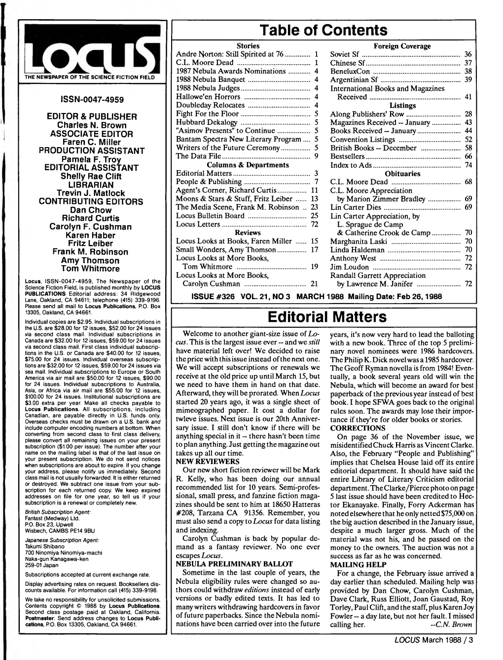 Table of Contents Editorial Matters