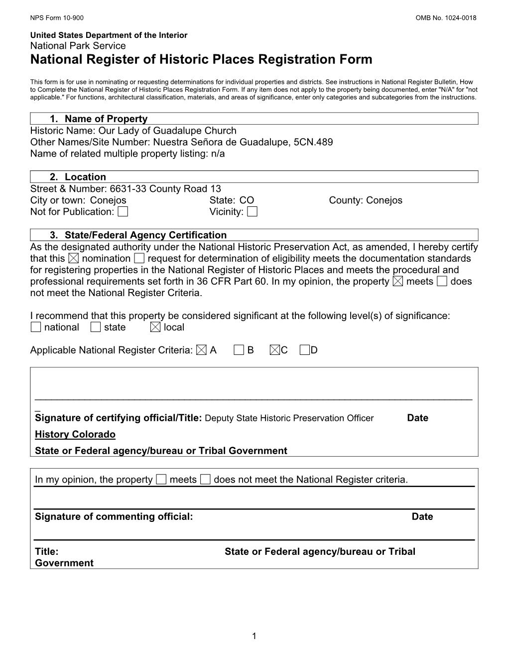 Our Lady of Guadalupe Church National Register Nomination, 5CN.489