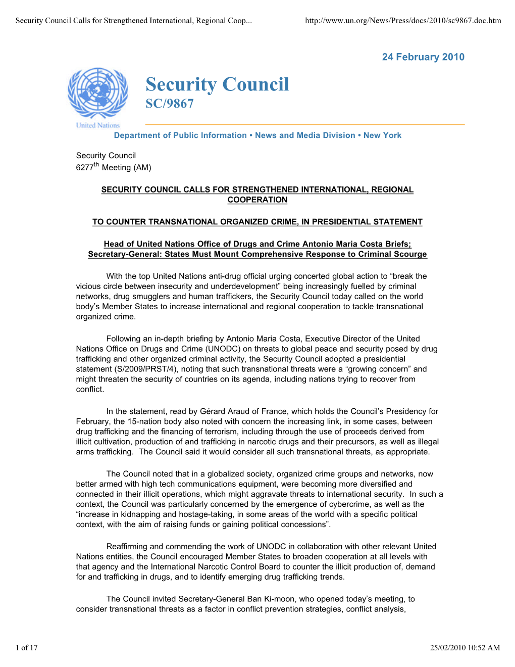 Security Council Calls for Strengthened International, Region