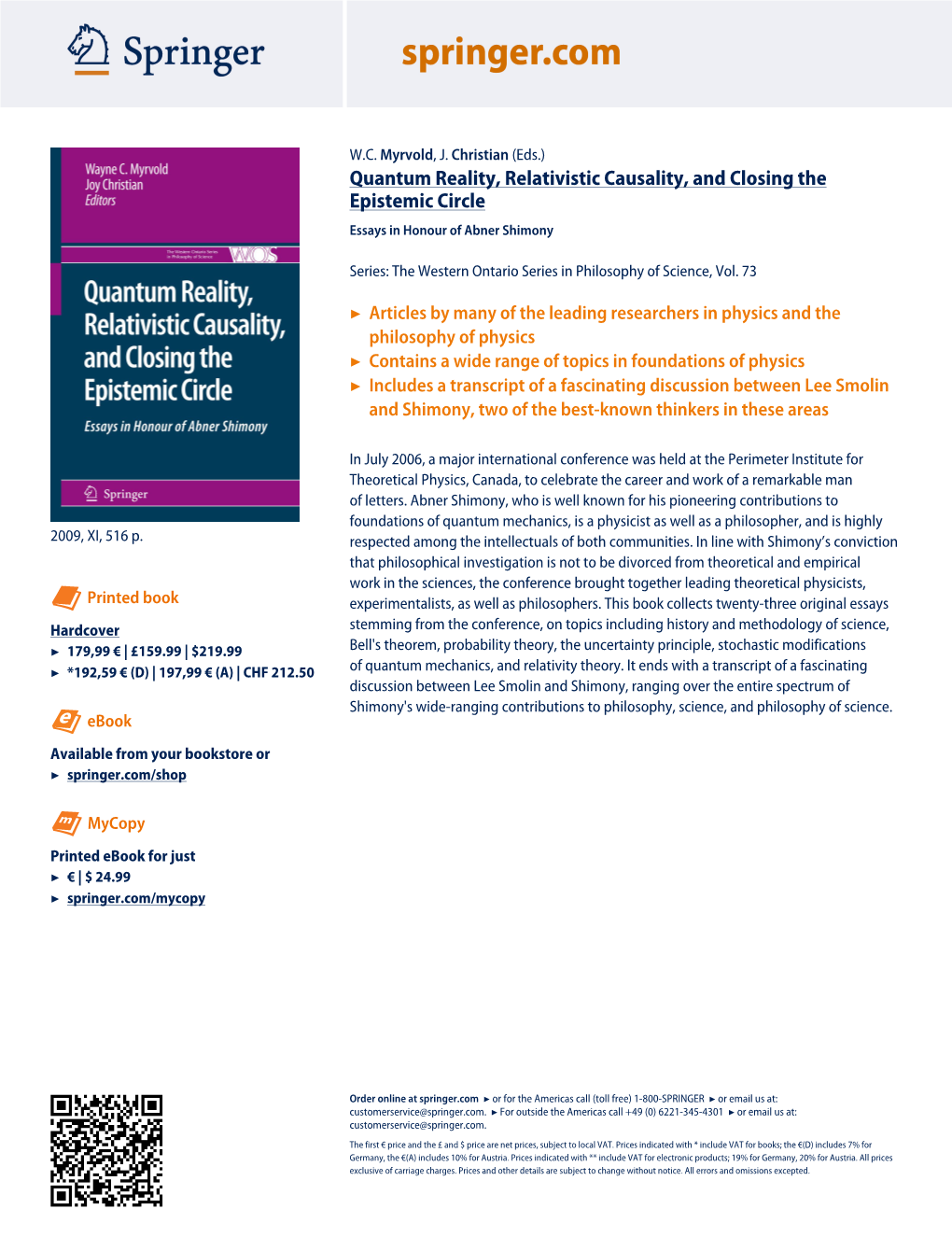 Quantum Reality, Relativistic Causality, and Closing the Epistemic Circle Essays in Honour of Abner Shimony