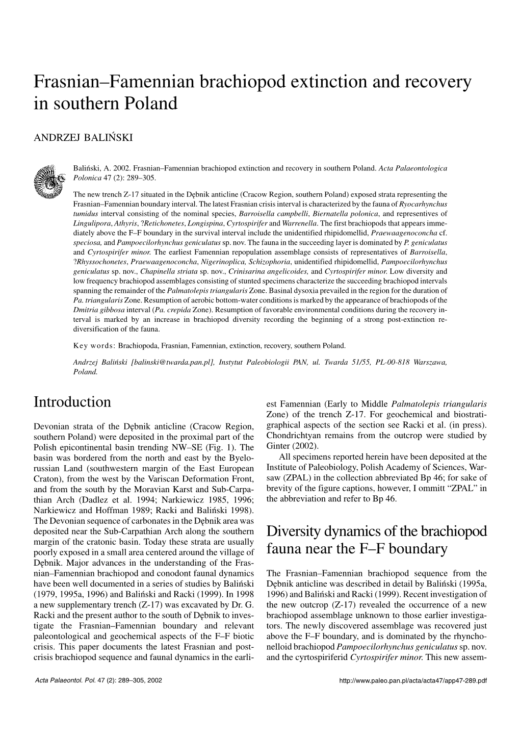 Frasnian–Famennian Brachiopod Extinction and Recovery in Southern Poland