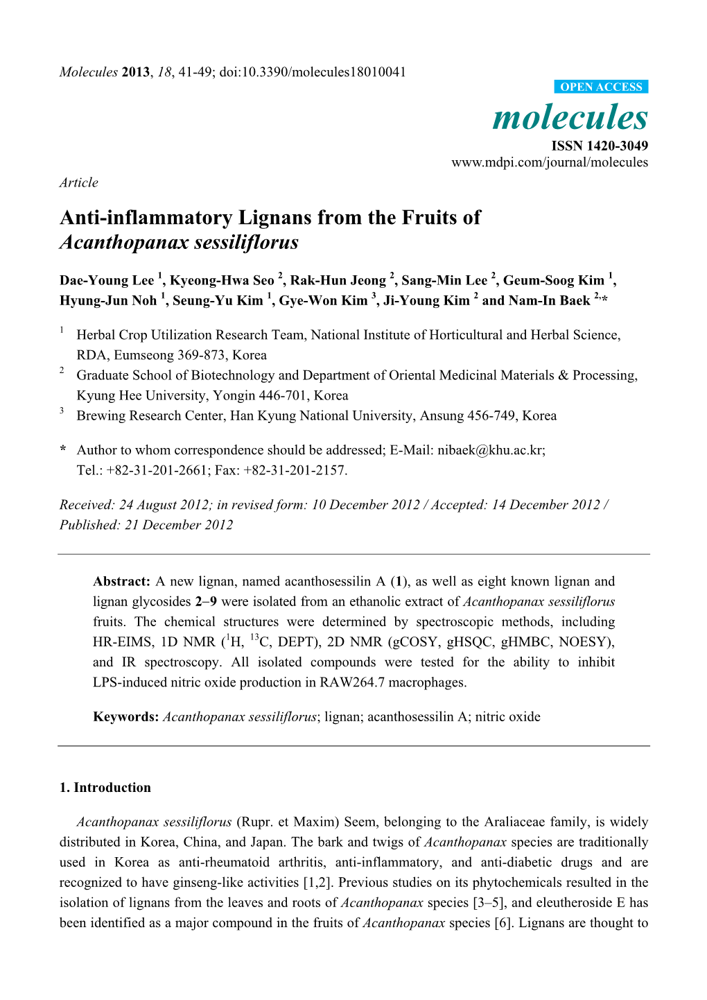 Anti-Inflammatory Lignans from the Fruits of Acanthopanax Sessiliflorus