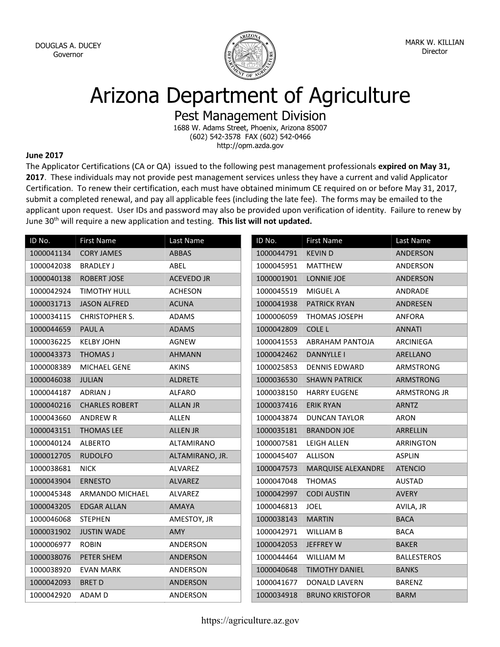 Arizona Department of Agriculture Pest Management Division 1688 W