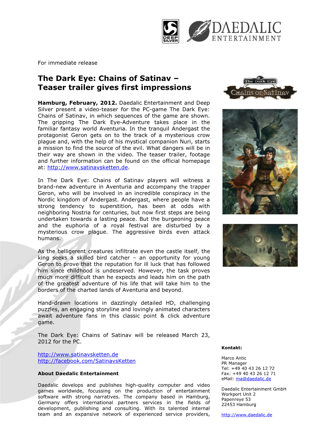 The Dark Eye: Chains of Satinav – Teaser Trailer Gives First Impressions