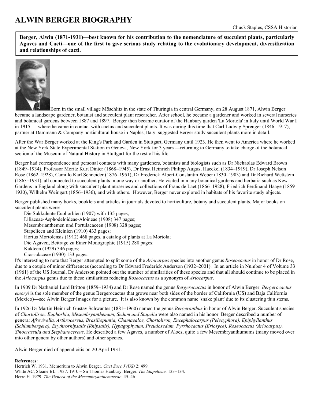 ALWIN BERGER BIOGRAPHY Chuck Staples, CSSA Historian