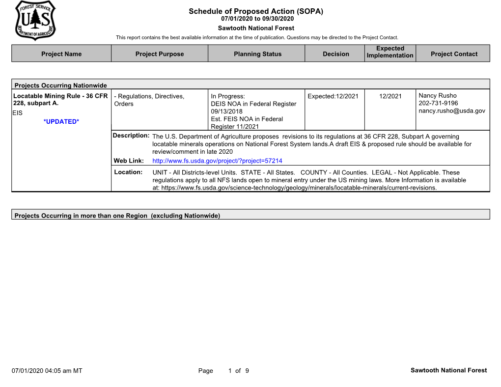 Schedule of Proposed Action (SOPA) 07/01/2020 to 09/30/2020 Sawtooth National Forest This Report Contains the Best Available Information at the Time of Publication