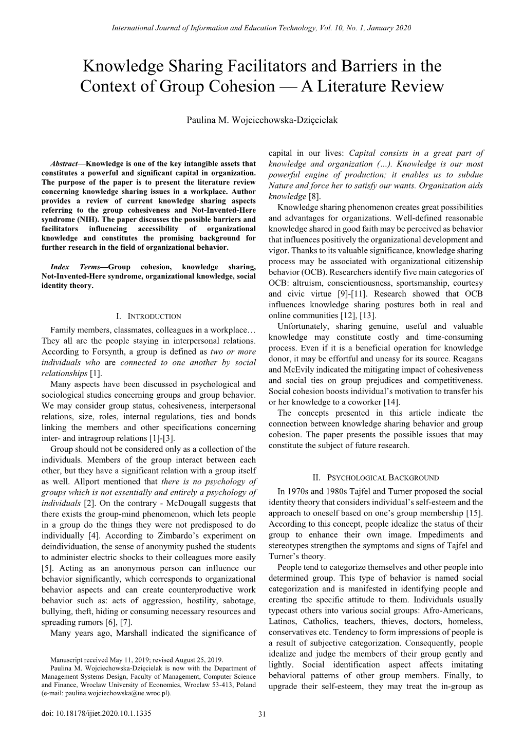 Knowledge Sharing Facilitators and Barriers in the Context of Group Cohesion — a Literature Review