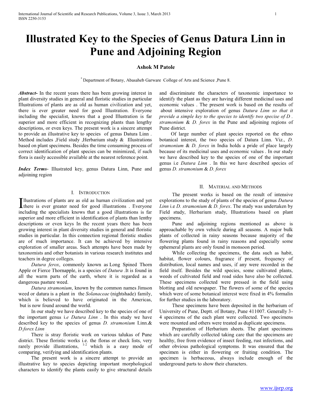 Illustrated Key to the Species of Genus Datura Linn in Pune and Adjoining Region