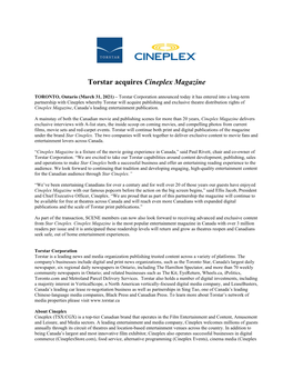 Torstar Acquires Cineplex Magazine
