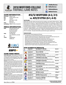 2018 Wofford College Football Game Notes