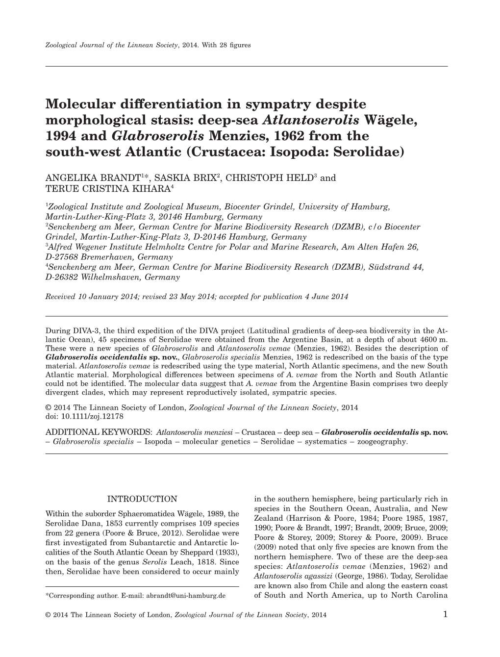 Deep-Sea Atlantoserolis Wägele, 1994 and Glabroserolis Menzies, 1962 from the South-West Atlantic (Crustacea: Isopoda: Serolidae)