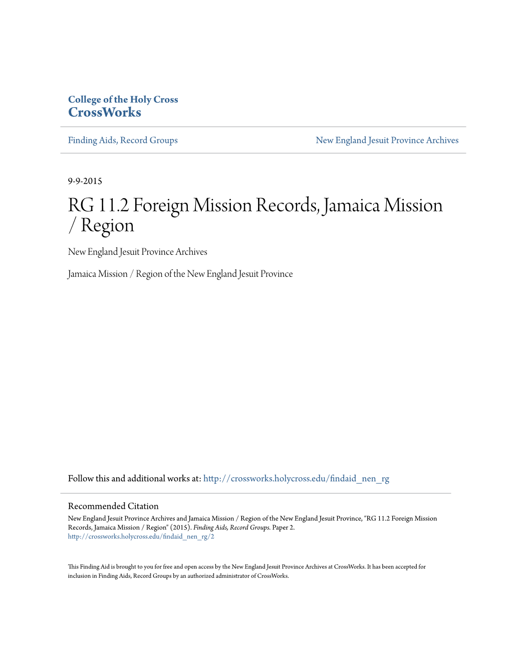 NE.11.2 Foreign Mission Records, Jamaica Mission/Region