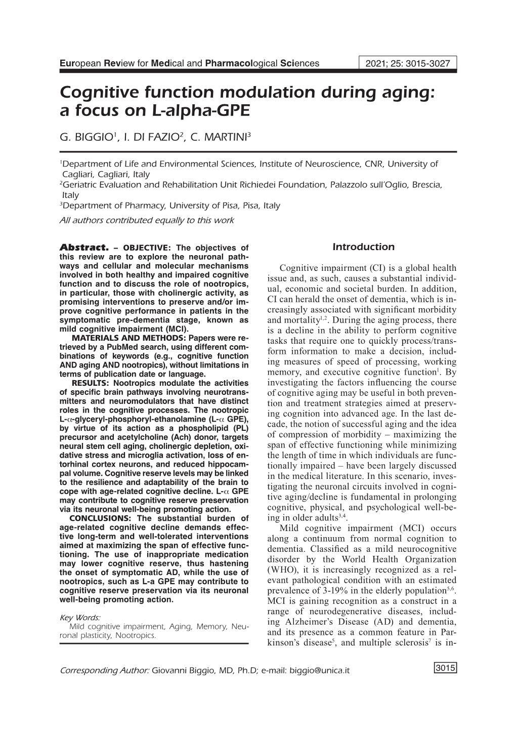 Cognitive Function Modulation During Aging: a Focus on L-Alpha-GPE