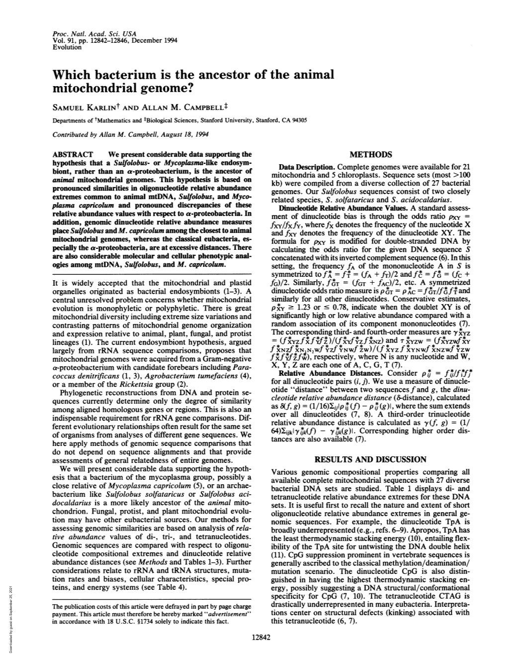 Mitochondrial Genome? SAMUEL Karlint and ALLAN M