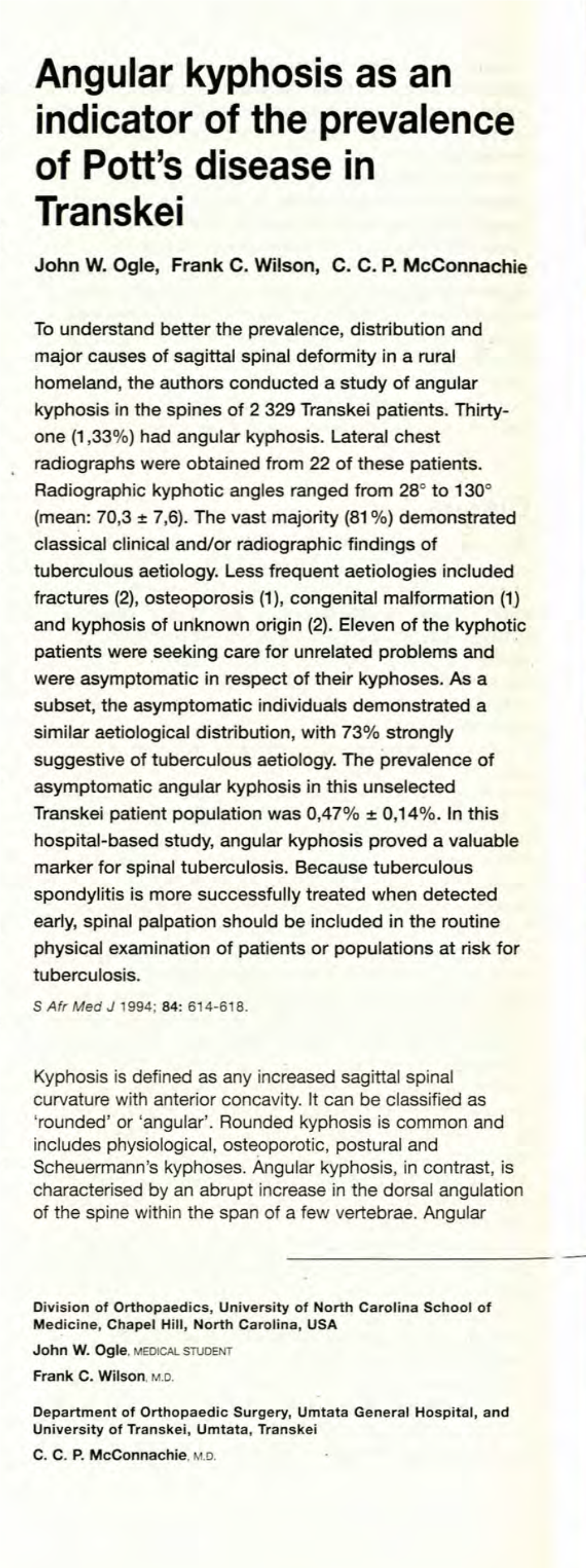 Angular Kyphosis As an Indicator of the Prevalence of Pott's Disease In