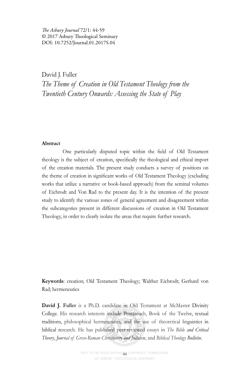 The Theme of Creation in Old Testament Theology from the Twentieth Century Onwards: Assessing the State of Play