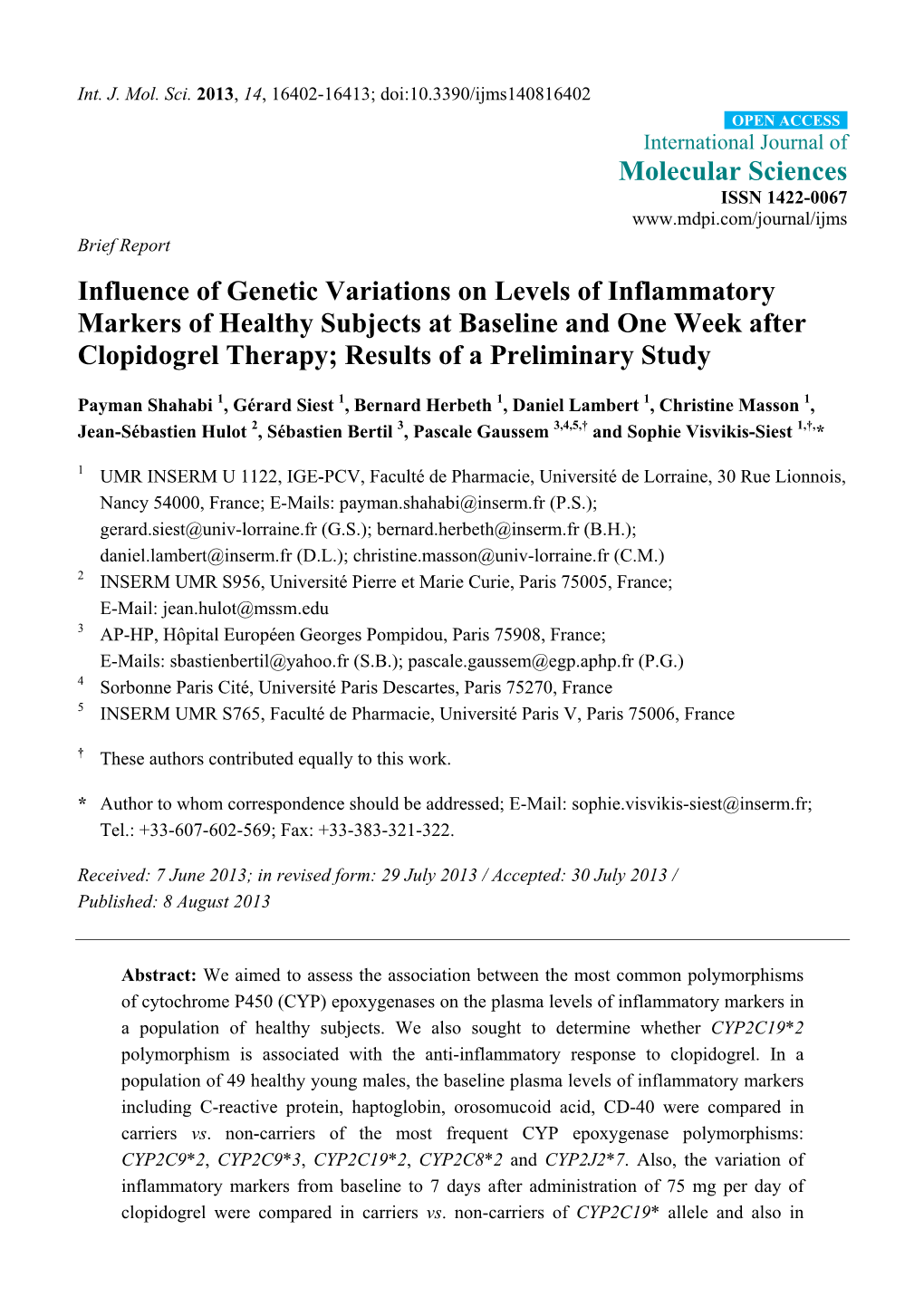 Influence of Genetic Variations on Levels of Inflammatory Markers Of