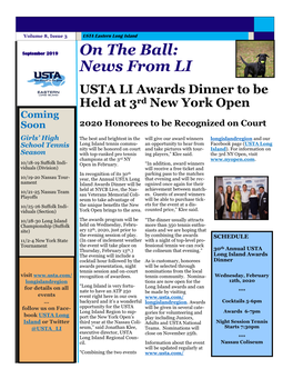 On the Ball: News from LI USTA LI Awards Dinner to Be Held at 3Rd New York Open Coming Soon 2020 Honorees to Be Recognized on Court
