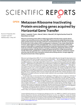 Metazoan Ribosome Inactivating Protein Encoding Genes Acquired by Horizontal Gene Transfer Received: 30 September 2016 Walter J