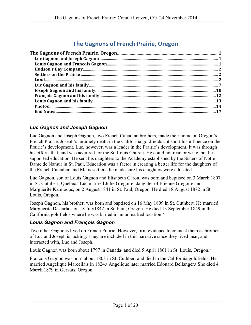 The Gagnons of French Prairie, Oregon the Gagnons of French Prairie, Oregon