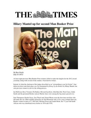 Hilary Mantel up for Second Man Booker Prize