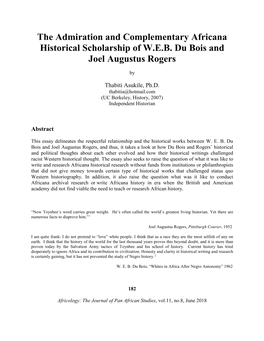 The Admiration and Complementary Africana Historical Scholarship of W.E.B