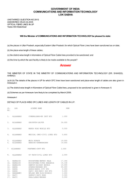 ANSWERED ON:20.04.2005 OPTICAL FIBRE LINES in up Yadav Shri Baleshwar