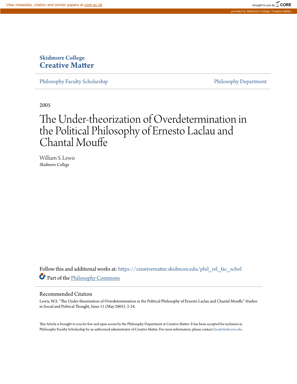 The Under-Theorization of Overdetermination in the Political Philosophy of Ernesto Laclau and Chantal Mouffe